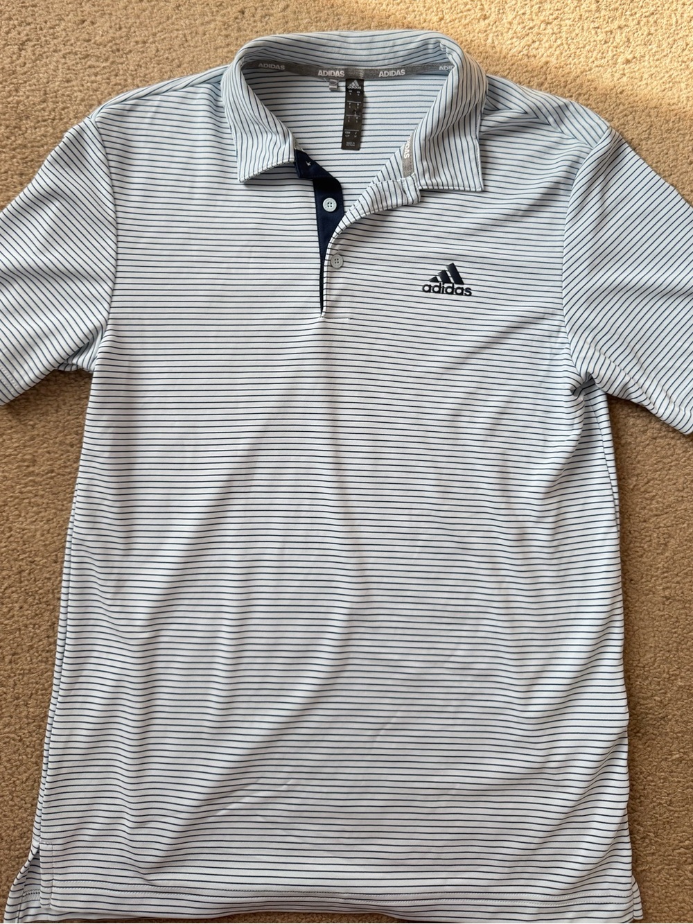 adidas White Polo golf shirt with Thin Navy Stripes